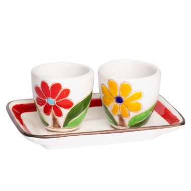 Handmade Sicilian Coffee Cups with Tray Set Daisy Folk De Simone Pottery Handmade Sicilian Coffee Cups with Tray Set Daisy Folk De Simone Pottery